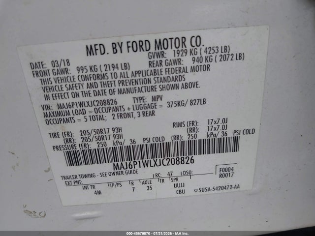 Продажа на аукционе авто 2018 Ford Ecosport Titanium, vin: MAJ6P1WLXJC208826, номер лота: 45670870