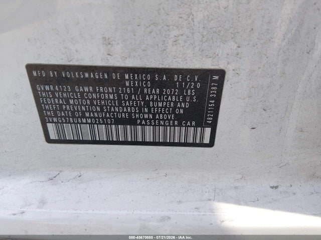 Aukcja sprzedaży 2021 Volkswagen Jetta 1.4t Sel Premium, vin: 3VWG57BU8MM025107, numer aukcji: 45670880