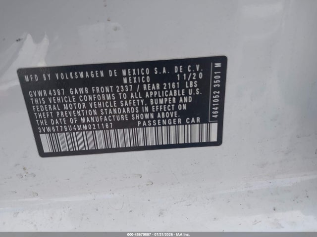 Продаж на аукціоні авто 2021 Volkswagen Jetta Gli 2.0t Autobahn/2.0t S, vin: 3VW6T7BU4MM021167, номер лоту: 45670887