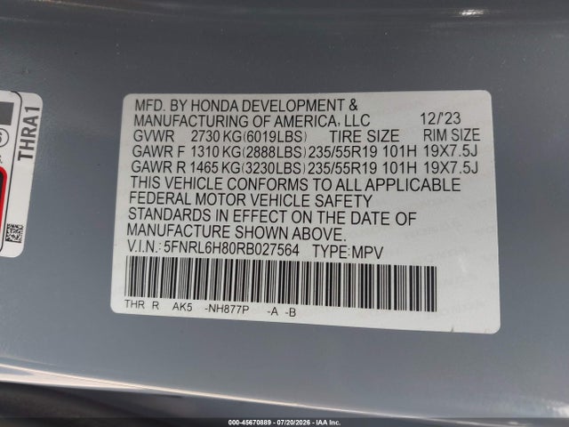 Aukcja sprzedaży 2024 Honda Odyssey Touring, vin: 5FNRL6H80RB027564, numer aukcji: 45670889