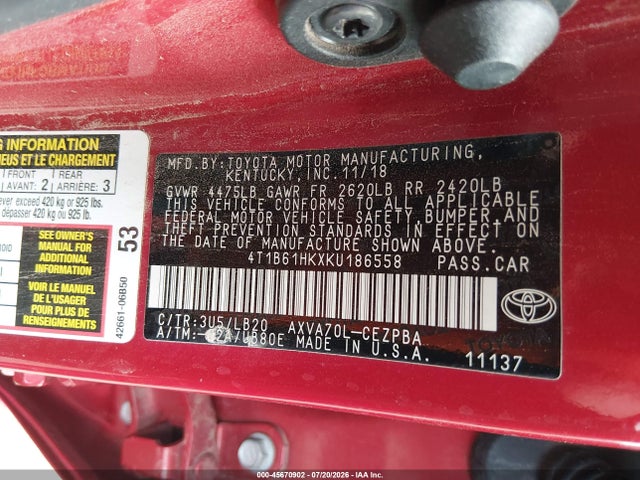 4T1B61HKXKU186558 Toyota CAMRY XSE
