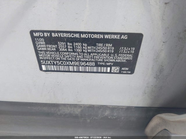 Aukcja sprzedaży 2021 Bmw X3 Xdrive30i, vin: 5UXTY5C0XM9E96488, numer aukcji: 45670924