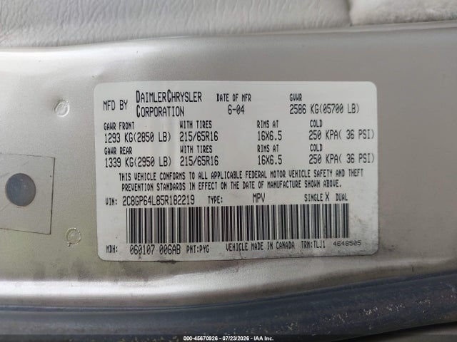 Продажа на аукционе авто 2005 Chrysler Town & Country Limited, vin: 2C8GP64L85R182219, номер лота: 45670926