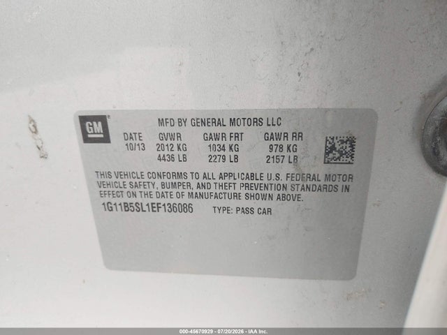 45670929 :رقم المزاد ، 1G11B5SL1EF136086 vin ، 2014 Chevrolet Malibu 1ls مزاد بيع
