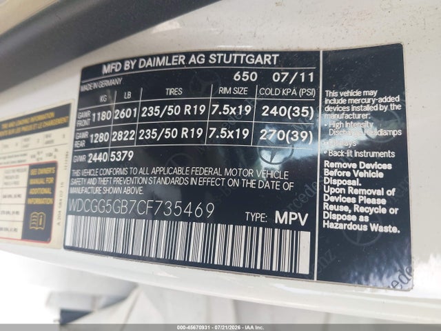Продаж на аукціоні авто 2012 Mercedes-benz Glk 350, vin: WDCGG5GB7CF735469, номер лоту: 45670931