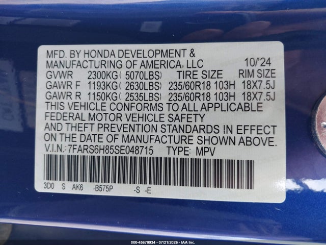 Aukcja sprzedaży 2025 Honda Cr-v Hybrid Sport-l, vin: 7FARS6H85SE048715, numer aukcji: 45670934