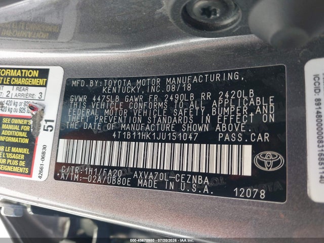 4T1B11HK1JU151047 Toyota CAMRY LE