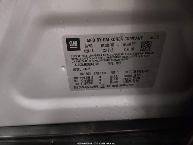 Aukcja sprzedaży 2016 Buick Encore, vin: KL4CJASB0GB683311, numer aukcji: 45670983