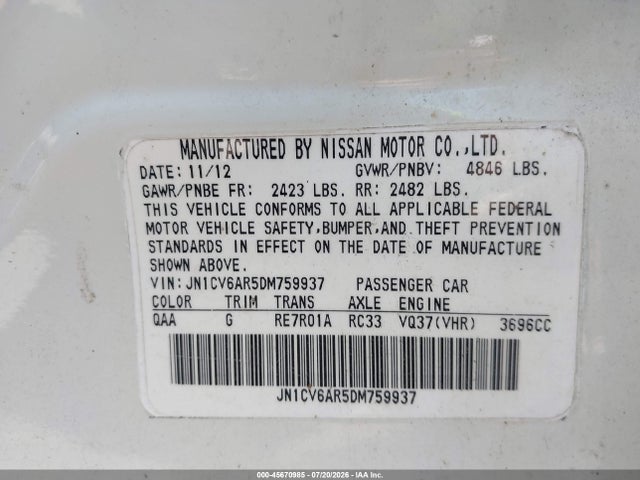 Продаж на аукціоні авто 2013 Infiniti G37x, vin: JN1CV6AR5DM759937, номер лоту: 45670985