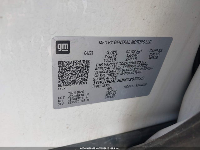 Aukcja sprzedaży 2021 Gmc Acadia Fwd Slt, vin: 1GKKNMLS8MZ203335, numer aukcji: 45670987