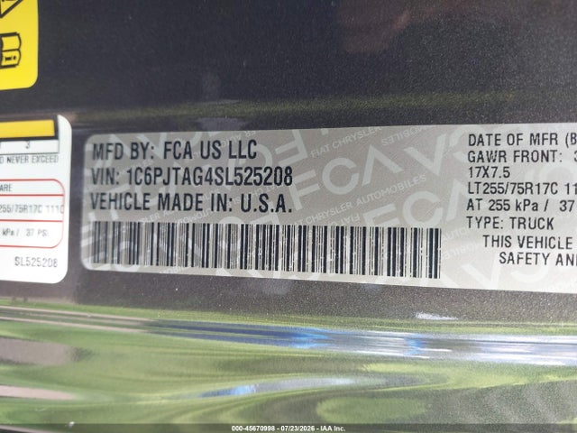 2025 Jeep Gladiator Willys მანქანა იყიდება აუქციონზე, vin: 1C6PJTAG4SL525208, აუქციონის ნომერი: 45670998