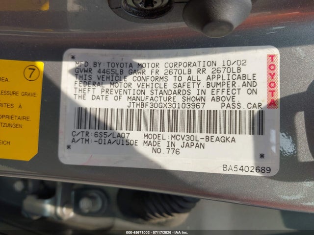 Продажа на аукционе авто 2003 Lexus Es 300, vin: JTHBF30GX30103967, номер лота: 45671002
