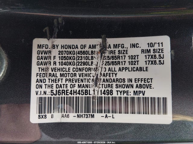 Продаж на аукціоні авто 2011 Honda Cr-v Se, vin: 5J6RE4H45BL111498, номер лоту: 45671005