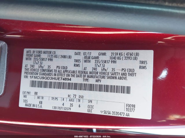 1FMCU9GD3HUE74894 Ford ESCAPE SE