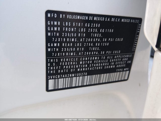 Aukcja sprzedaży 2022 Volkswagen Tiguan 2.0t Se R-line Black, vin: 3VVCB7AX2NM105270, numer aukcji: 45671026