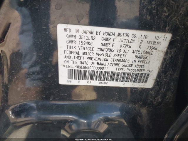 Продаж на аукціоні авто 2012 Honda Fit Sport, vin: JHMGE8H50CC006011, номер лоту: 45671030