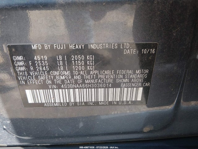 Продажа на аукционе авто 2017 Subaru Legacy 2.5i, vin: 4S3BNAA66H3036014, номер лота: 45671038
