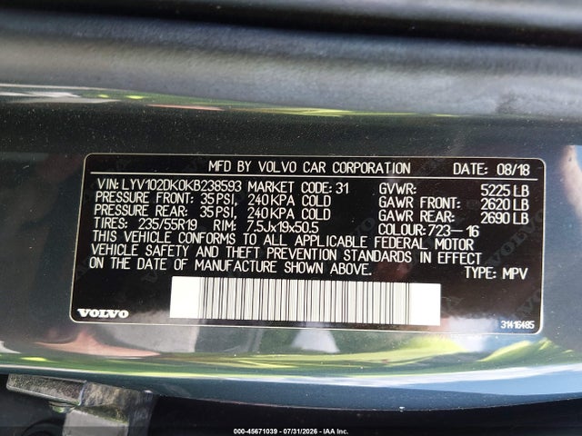Продаж на аукціоні авто 2019 Volvo Xc60 T5 Momentum, vin: LYV102DK0KB238593, номер лоту: 45671039