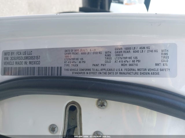 Продаж на аукціоні авто 2021 Ram 2500 Big Horn  4x4 6'4 Box, vin: 3C6UR5DL6MG653157, номер лоту: 45671054