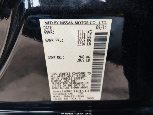 Aukcja sprzedaży 2015 Nissan Altima 2.5 S, vin: 1N4AL3AP8FC169513, numer aukcji: 45671059