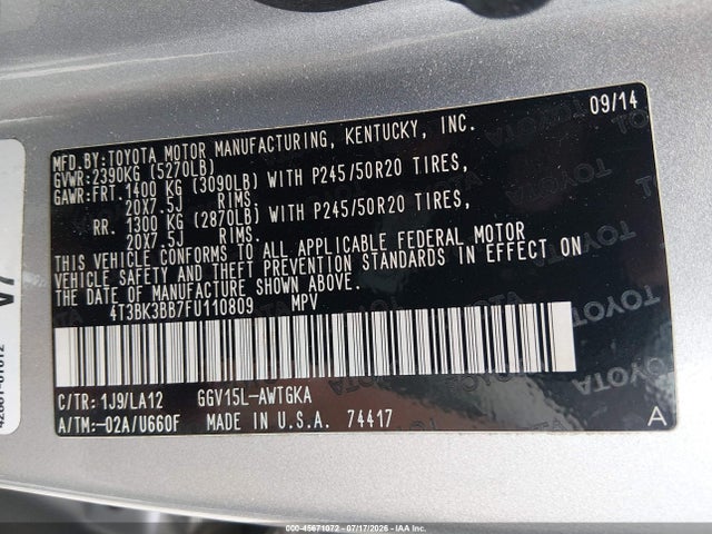 4T3BK3BB7FU110809 Toyota Venza Limited V6