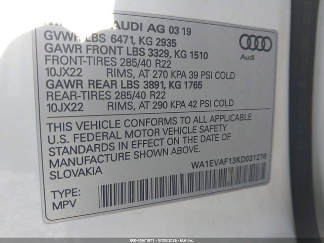 Aukcja sprzedaży 2019 Audi Q8 55 Premium, vin: WA1EVAF13KD031276, numer aukcji: 45671071