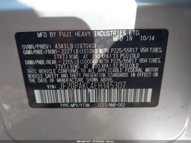Продаж на аукціоні авто 2014 Subaru Xv Crosstrek 2.0i Limited, vin: JF2GPAKC4EH345307, номер лоту: 45671077