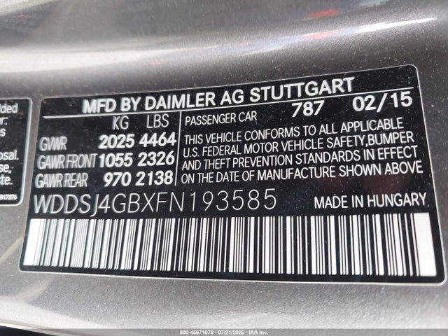 45671078 :رقم المزاد ، WDDSJ4GBXFN193585 vin ، 2015 Mercedes-benz Cla 250 4matic مزاد بيع