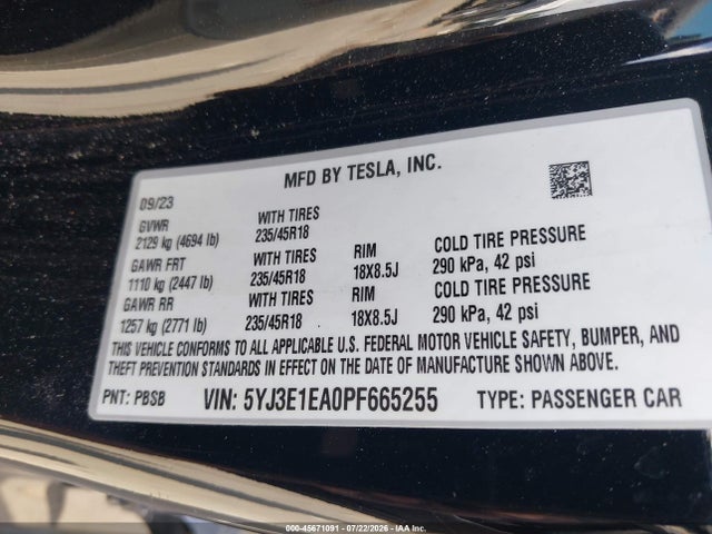 Tesla Model 3 Rear-wheel Drive 2023 5YJ3E1EA0PF665255 Image 9