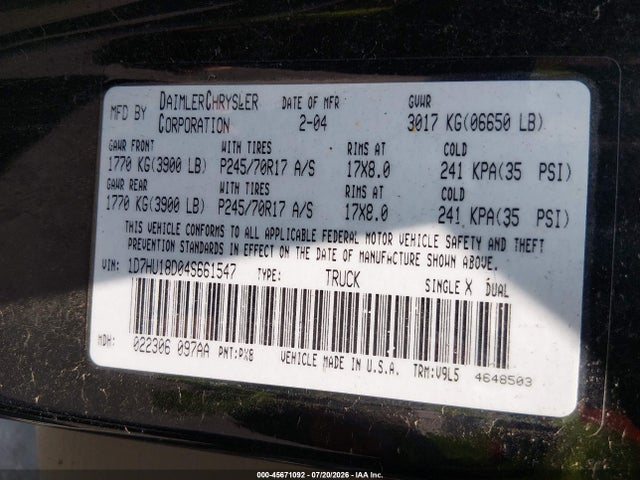 Aukcja sprzedaży 2004 Dodge Ram 1500 Slt/laramie, vin: 1D7HU18D04S661547, numer aukcji: 45671092