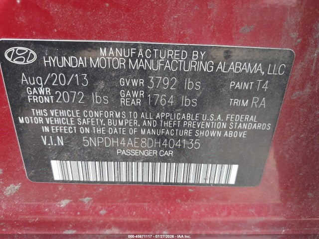 2013 Hyundai Elantra Gls მანქანა იყიდება აუქციონზე, vin: 5NPDH4AE8DH404135, აუქციონის ნომერი: 45671117