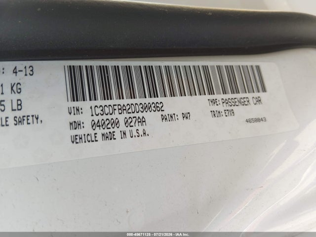 Aukcja sprzedaży 2013 Dodge Dart Sxt, vin: 1C3CDFBA2DD300362, numer aukcji: 45671125