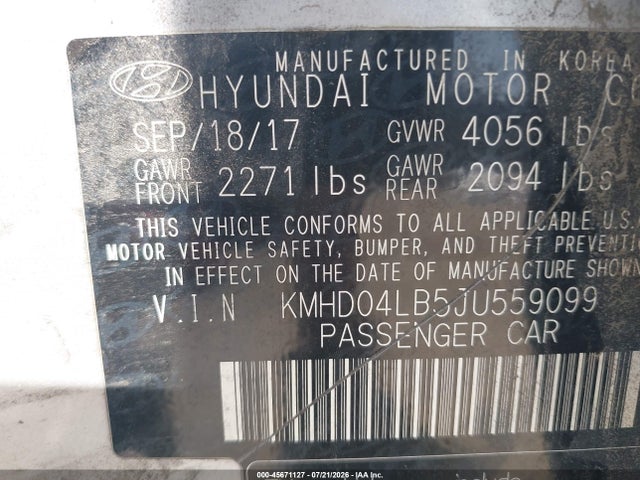 2018 Hyundai Elantra Sport მანქანა იყიდება აუქციონზე, vin: KMHD04LB5JU559099, აუქციონის ნომერი: 45671127
