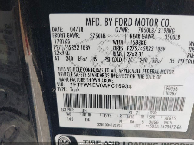 45671130 :رقم المزاد ، 1FTFW1EV0AFC16934 vin ، 2010 Ford F-150 Fx4/harley-davidson/king Ranch/lariat/platinum/xl/xlt مزاد بيع