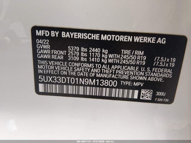 5UX33DT01N9M13800 BMW X4 Xdrive30i