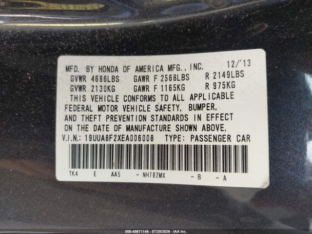 2014 Acura Tl 3.5 მანქანა იყიდება აუქციონზე, vin: 19UUA8F2XEA006008, აუქციონის ნომერი: 45671146