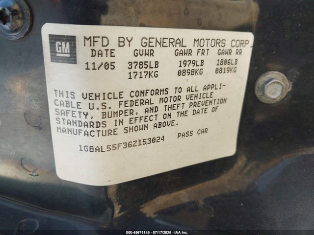 Aukcja sprzedaży 2006 Saturn Ion 3, vin: 1G8AL55F36Z153024, numer aukcji: 45671149