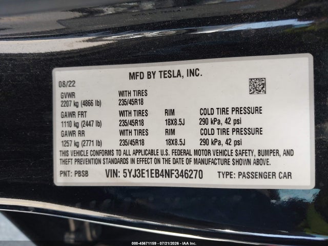 Продаж на аукціоні авто 2022 Tesla Model 3 Long Range Dual Motor All-wheel Drive, vin: 5YJ3E1EB4NF346270, номер лоту: 45671159