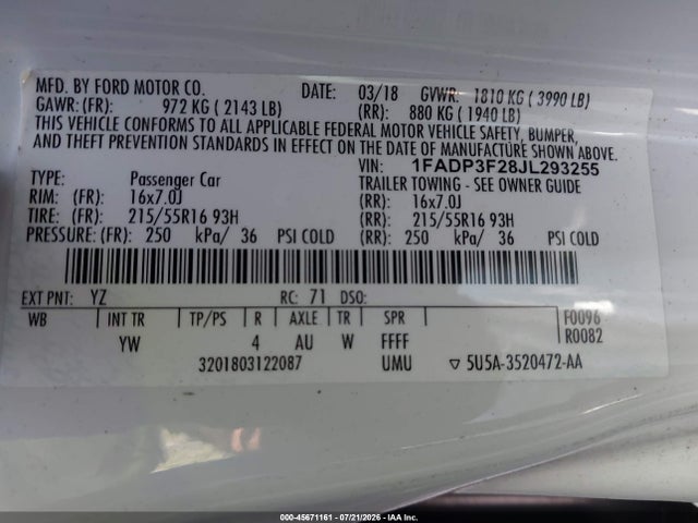 2018 Ford Focus Se მანქანა იყიდება აუქციონზე, vin: 1FADP3F28JL293255, აუქციონის ნომერი: 45671161