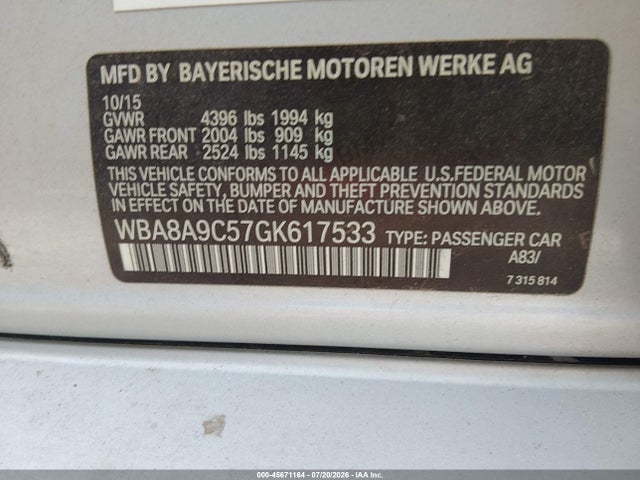 Aukcja sprzedaży 2016 Bmw 320i, vin: WBA8A9C57GK617533, numer aukcji: 45671164