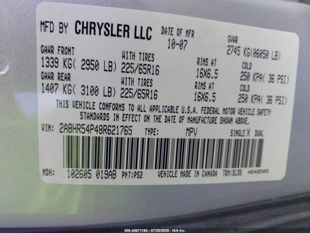 Продажа на аукционе авто 2008 Chrysler Town & Country Touring, vin: 2A8HR54P48R621765, номер лота: 45671162