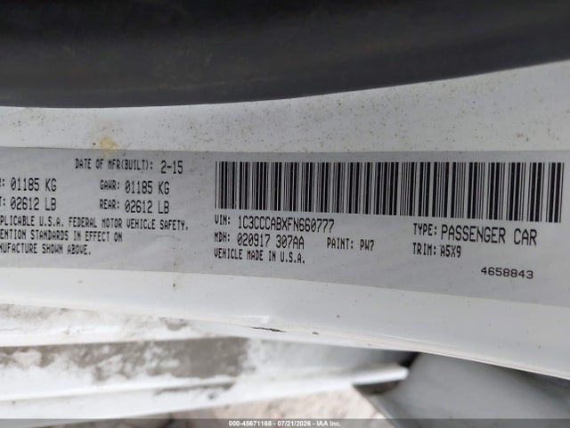 2015 Chrysler 200 Limited მანქანა იყიდება აუქციონზე, vin: 1C3CCCABXFN660777, აუქციონის ნომერი: 45671168