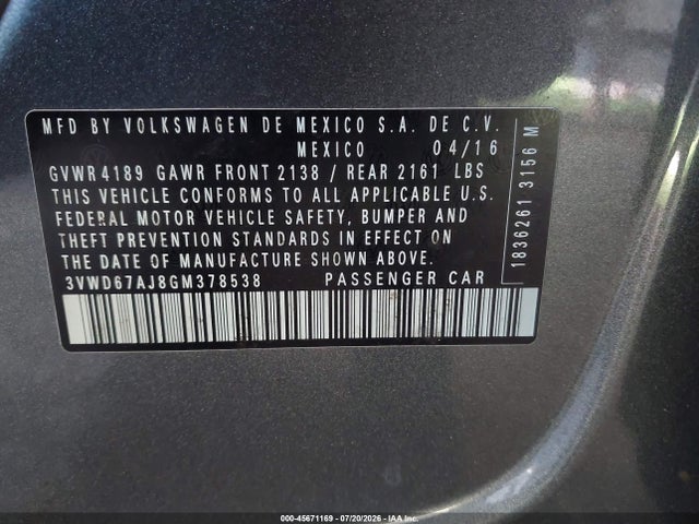 3VWD67AJ8GM378538 Volkswagen Jetta 1.4t Se