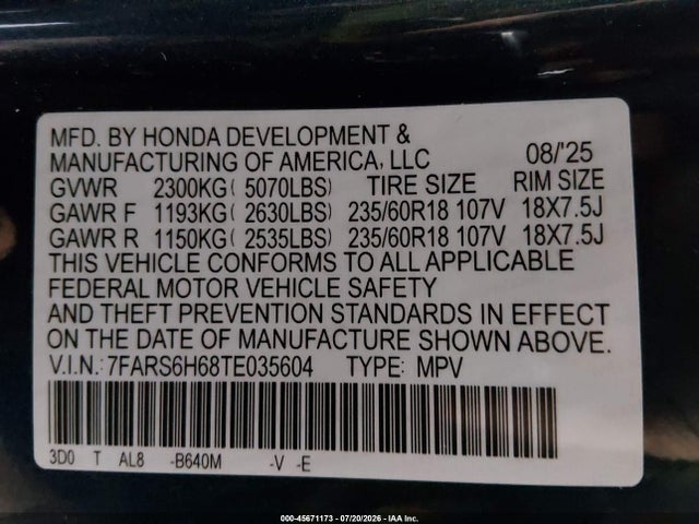 2026 Honda Cr-v Hybrid Awd Trailsport მანქანა იყიდება აუქციონზე, vin: 7FARS6H68TE035604, აუქციონის ნომერი: 45671173
