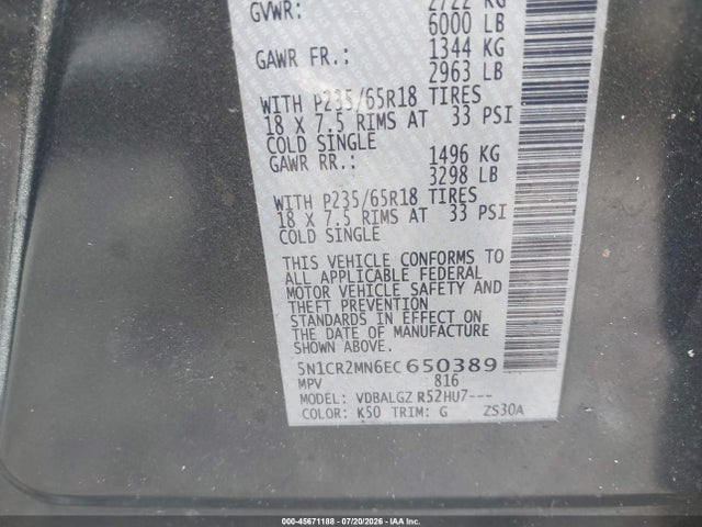 Продаж на аукціоні авто 2014 Nissan Pathfinder Hybrid Sl, vin: 5N1CR2MN6EC650389, номер лоту: 45671188