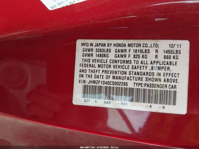 2012 Honda Cr-z მანქანა იყიდება აუქციონზე, vin: JHMZF1D40CS002265, აუქციონის ნომერი: 45671194