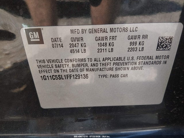45671218 :رقم المزاد ، 1G11C5SL1FF129136 vin ، 2015 Chevrolet Malibu 1lt مزاد بيع