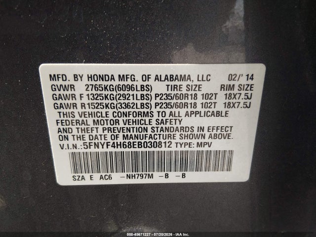Продажа на аукционе авто 2014 Honda Pilot Ex-l, vin: 5FNYF4H68EB030812, номер лота: 45671227