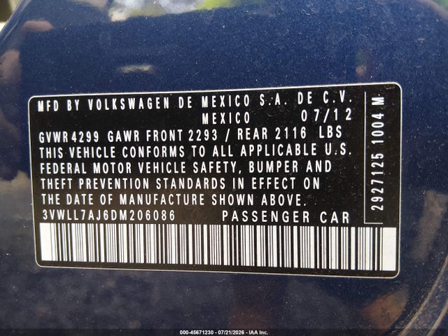 Продаж на аукціоні авто 2013 Volkswagen Jetta 2.0l Tdi, vin: 3VWLL7AJ6DM206086, номер лоту: 45671230