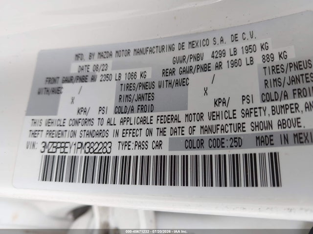 2023 Mazda Mazda3 2.5 Turbo Premium Plus მანქანა იყიდება აუქციონზე, vin: 3MZBPBEY1PM382283, აუქციონის ნომერი: 45671232
